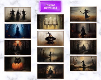 Set di 12 quadri per TV con cornice di Halloween, dipinti a olio carini, paesaggi autunnali vintage, arte spettrale di Halloween, set di cornici per TV, mega set di cornici per TV.