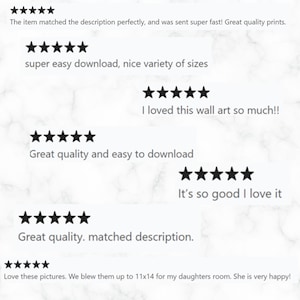 May include: Five-star reviews for digital wall art prints. The reviews highlight the ease of download, the variety of sizes available, and the high quality of the prints. One review mentions printing the art at 11x14 inches for a child's room.