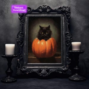Halloween Wall Art Printable Vintage Halloween Rustic Halloween Decor Cat in Pumpkin Halloween Painting Vintage Cat Painting Halloween Cat