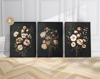 Set of 3 Dark Botanical Prints Vintage Moody Cottagecore Florals Gallery Wall Art Dark Academia Decor
