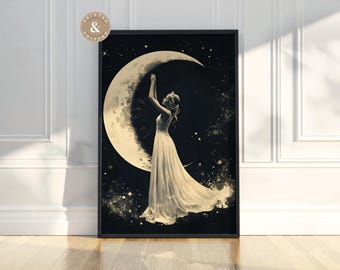 Moon Goddess Wall Art Vintage Lunar Lady Portrait Celestial Decor Mystical Feminine Artwork Mother Earth Style Spiritual Home Decor Print