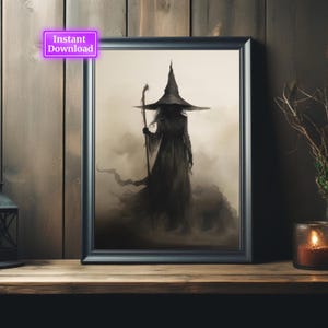 May include: A black and white illustration of a witch wearing a pointed hat and a long robe, standing in a misty forest. The witch is holding a staff in her right hand.