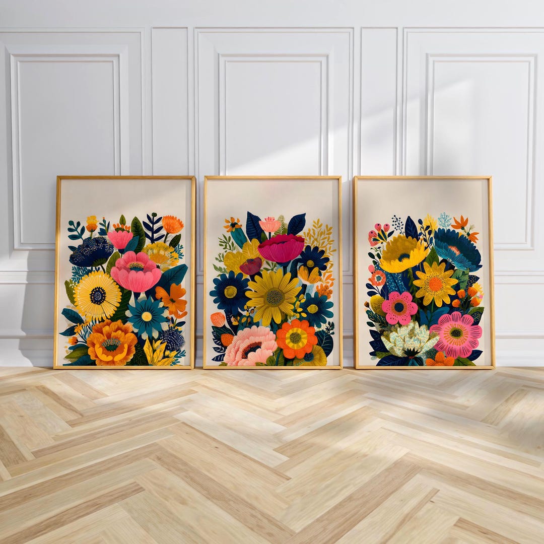 Colorful Botanical Prints Set of 3, Modern Floral Wall Decor, Vibrant ...