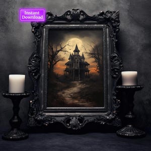 Halloween Vintage Print Spukhaus Wandkunst Dark Academia Print Spooky House druckbare Kunst Digital Download Kunstdruck Halloween Poster