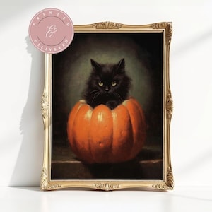 Halloween Wall Art Physical Print Halloween Rustic Halloween Decor Cat in Pumpkin Halloween Painting Vintage Cat Painting Halloween Cat