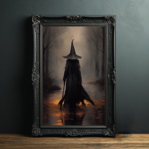 May include: A framed painting of a witch in a black cloak and pointed hat walking through a dark forest. The witch is holding a staff and the forest is filled with fog.