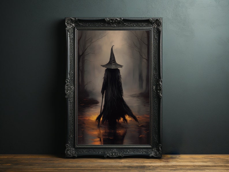 May include: A framed painting of a witch in a black cloak and pointed hat walking through a dark forest. The witch is holding a staff and the forest is filled with fog.