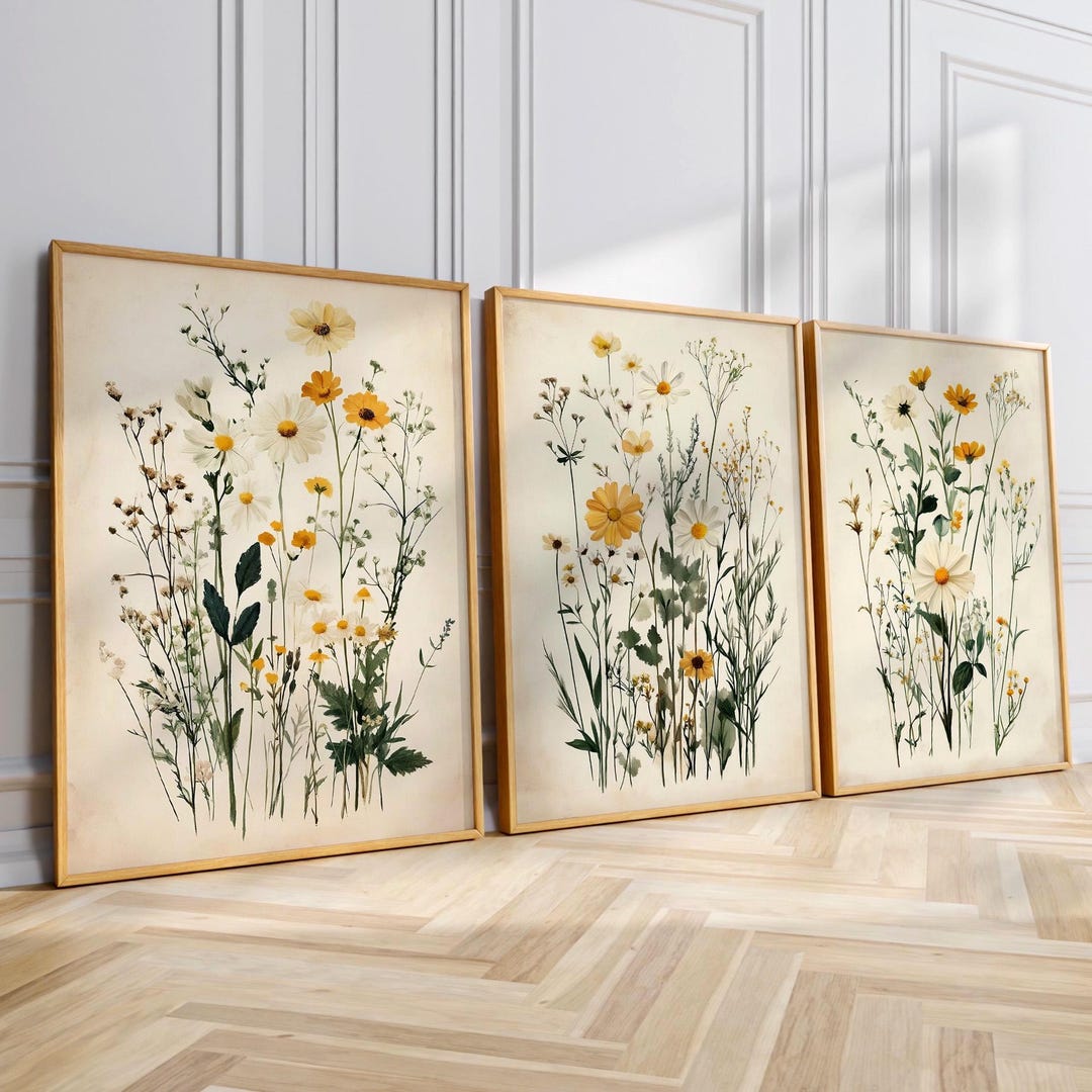 Cottagecore Botanical Triptych Wall Art Set of 3 Oak Framed Wildflower ...