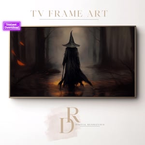 May include: A digital painting of a witch wearing a black pointed hat and robe, walking through a dark forest. The witch is holding a staff and there are fallen leaves on the ground.