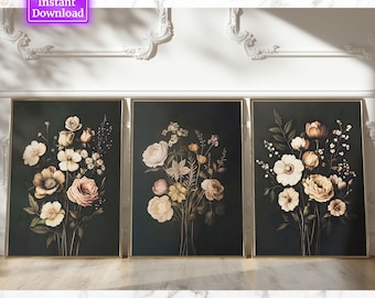 Set of 3 Dark Botanical Prints Vintage Moody Cottagecore Florals Printable Gallery Wall Art Dark Academia Aesthetic Vintage-Decoration