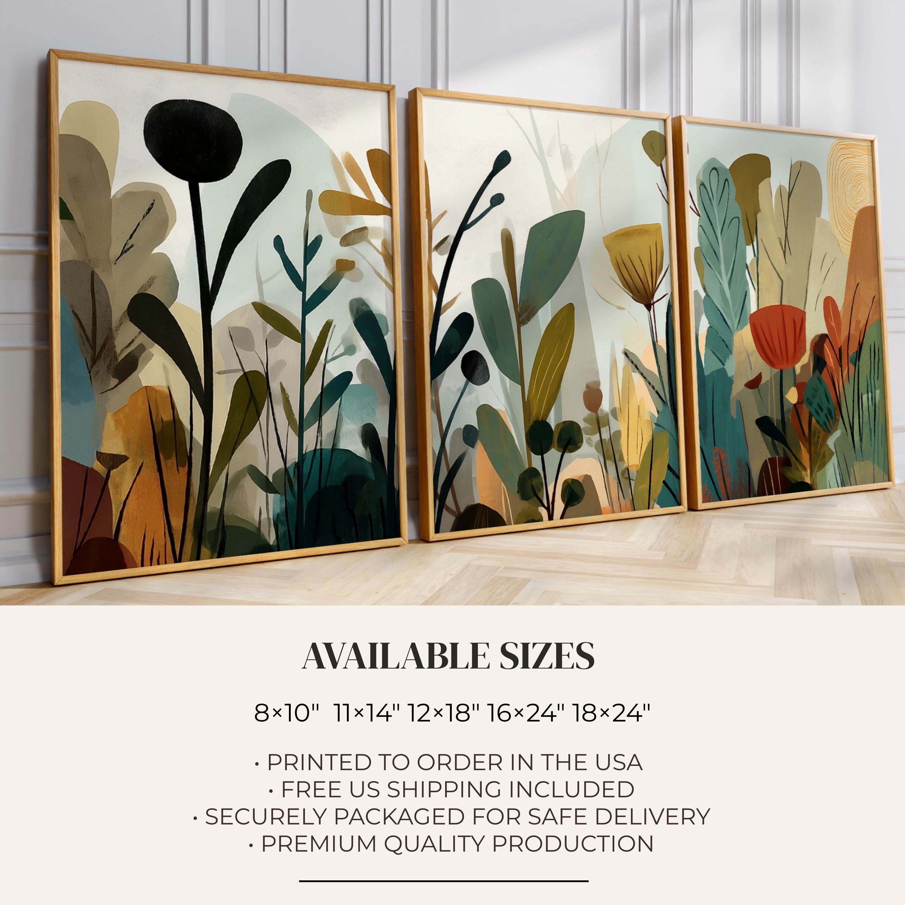 Mid Century Flowers Triptych, Botanical Wall Art Set of 3, Floral Wall ...
