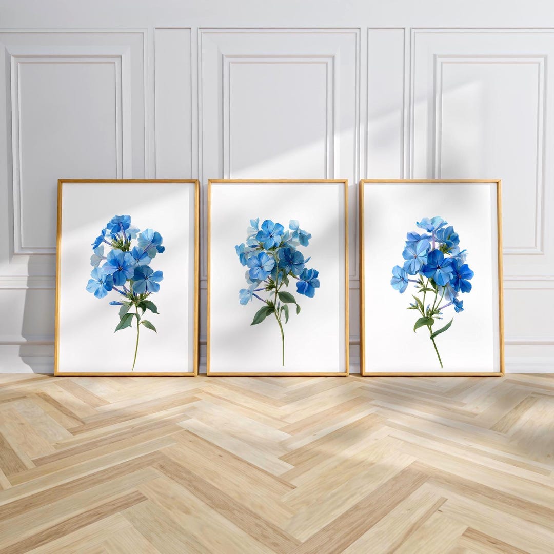 Blue Botanical Prints Set of 3, Wildflower Wall Art, Botanical Print ...