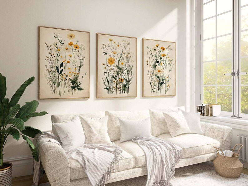 Cottagecore Botanical Triptych Wall Art Set of 3 Oak Framed Wildflower ...