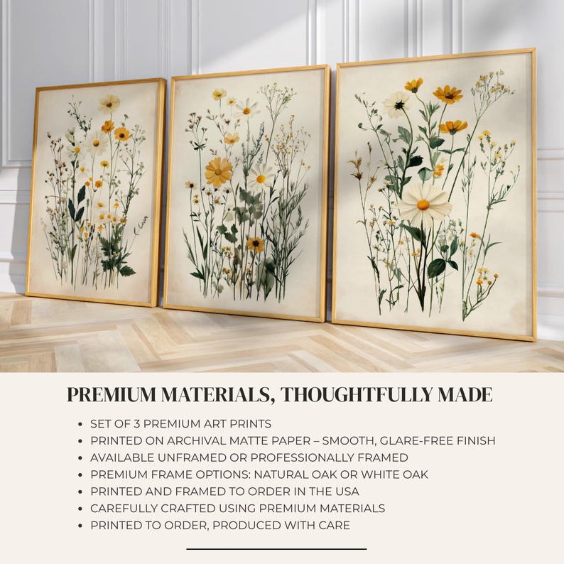 Cottagecore Botanical Triptych Wall Art Set of 3 Oak Framed Wildflower ...