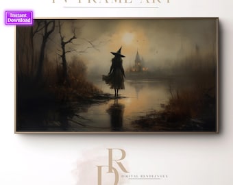 Cornice di Halloween, arte TV, dipinto vintage di strega, decorazione autunnale rustica da strega, carta da parati suggestiva, salvaschermo dark academia, download digitale