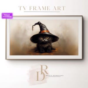 Halloween TV Frame Art Black Cat Vintage Witch Halloween Art Samsung TV Art Rustic Halloween Decor A Halloween Painting Vintage Frame Art