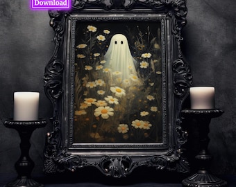 May include: A white ghost figure stands in a field of white daisies, framed in a black ornate frame. The image is set against a dark gray background with two black candle holders and white candles on either side of the frame.