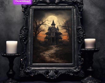 Halloween Vintage Print Haunted House Wall Art Dark Academia Print Spooky House Printable Art Digital Download Art Print Halloween Poster