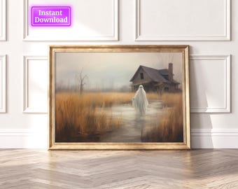 Ghost Wall Art Vintage Ghost Painting Ghost in Country Field Farmhouse Wall Art Halloween Ghost Print Spooky Ghost Art Print Ghost Printable