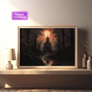 Halloween Vintage Print Haunted House Wall Art Dark Academia Print Spooky House Printable Art Digital Download Art Print Halloween Poster