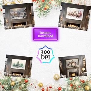 Pode incluir: Tr&ecirc;s impress&otilde;es de arte digital de cenas de inverno com lareiras. A primeira impress&atilde;o mostra uma aldeia nevada com uma igreja ao fundo. A segunda impress&atilde;o mostra um grupo de renas puxando um tren&oacute; com o Papai Noel. A terceira impress&atilde;o mostra tr&ecirc;s bonecos de neve em p&eacute; em frente a uma lareira.