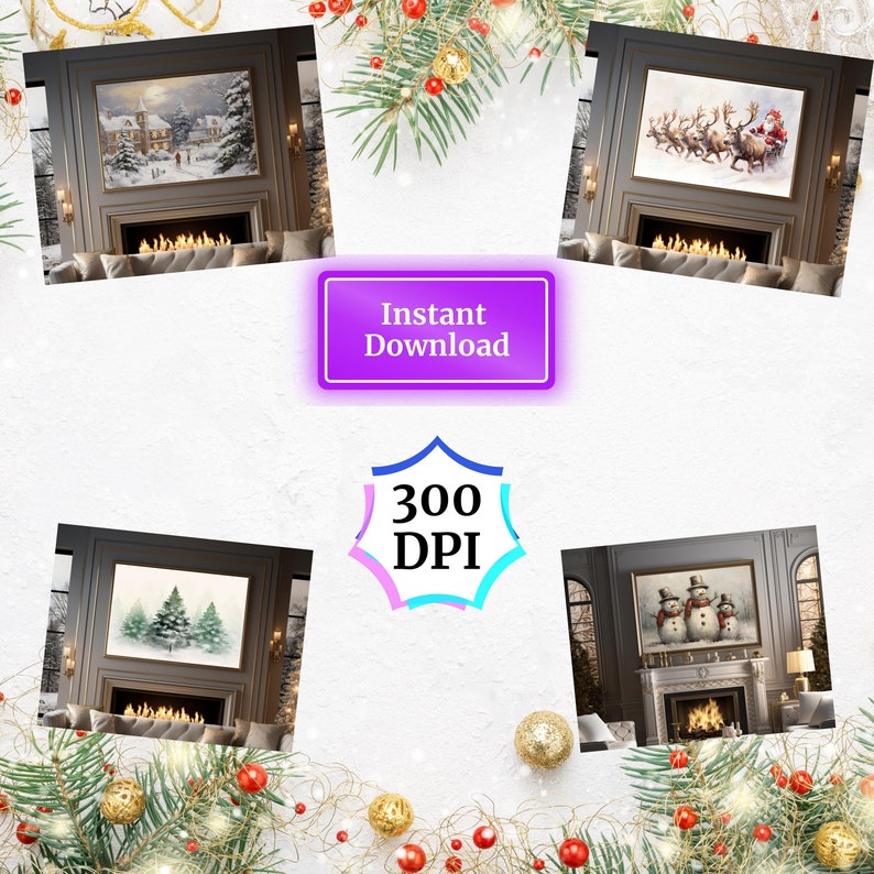 Pode incluir: Tr&ecirc;s impress&otilde;es de arte digital de cenas de inverno com lareiras. A primeira impress&atilde;o mostra uma aldeia nevada com uma igreja ao fundo. A segunda impress&atilde;o mostra um grupo de renas puxando um tren&oacute; com o Papai Noel. A terceira impress&atilde;o mostra tr&ecirc;s bonecos de neve em p&eacute; em frente a uma lareira.