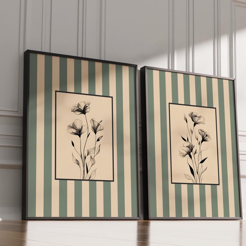 Sage Green Botanical Wall Art Set of 2, Scandinavian Stripe Floral ...