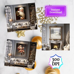Pode incluir: Duas pinturas digitais do Papai Noel em uma sala de estar. A primeira pintura mostra o Papai Noel segurando um ramo de azevinho. A segunda pintura mostra o Papai Noel em um balan&ccedil;o. Ambas as pinturas s&atilde;o emolduradas em ouro e est&atilde;o penduradas em uma parede cinza. A sala de estar &eacute; decorada com uma &aacute;rvore de Natal, uma lareira e um sof&aacute;.