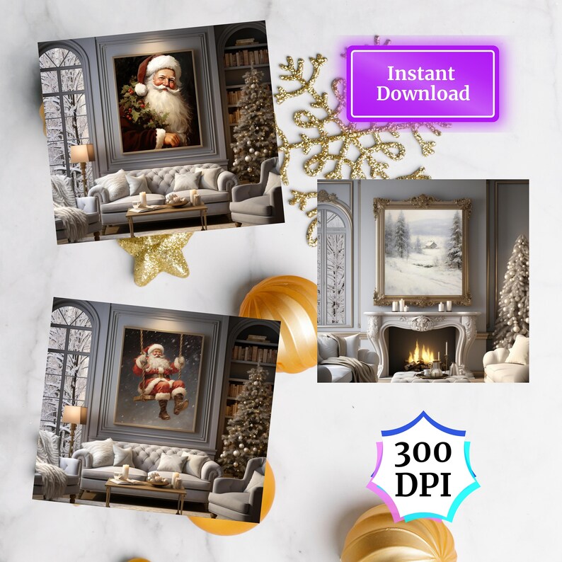 Pode incluir: Duas pinturas digitais do Papai Noel em uma sala de estar. A primeira pintura mostra o Papai Noel segurando um ramo de azevinho. A segunda pintura mostra o Papai Noel em um balan&ccedil;o. Ambas as pinturas s&atilde;o emolduradas em ouro e est&atilde;o penduradas em uma parede cinza. A sala de estar &eacute; decorada com uma &aacute;rvore de Natal, uma lareira e um sof&aacute;.
