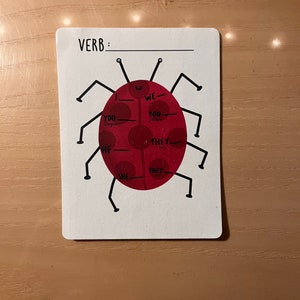 Könnte beinhalten: Eine weiße Karte mit dem Wort "VERB" darauf. Auf der Karte ist ein roter Marienkäfer mit schwarzen Punkten und Beinen gezeichnet. Der Marienkäfer hat Kreise auf seinem Körper mit den Wörtern "Ich", "Wir", "Du", "Ihr", "Er", "Sie", "Sie" und "Sie" in den Kreisen.