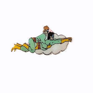 May include: Two cartoon figures in green and yellow superhero costumes flying on a white cloud. The figures are wearing goggles and have brown hair.