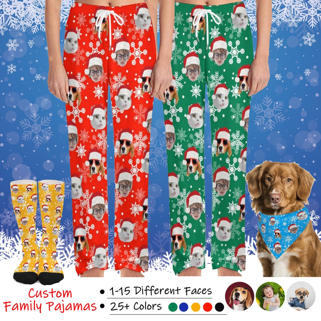 Custom Christmas Pajama Pants With Faces, Custom Women Men Pajama Pants