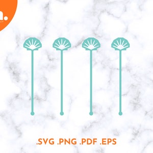 May include: Four teal blue cocktail stirrers with a sunburst design at the top. The stirrers are on a white marble background.