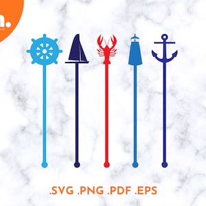 Puede incluir: Cinco agitadores de bebidas de temática náutica azul y roja. Los agitadores presentan una rueda de barco, un velero, una langosta, un faro y un ancla.