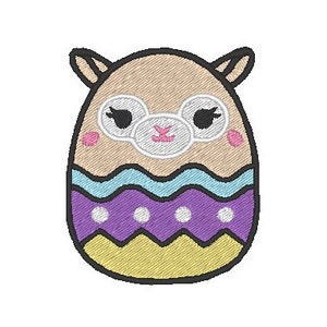May include: An embroidered design of a llama-shaped Easter egg. The llama has a tan face with black-rimmed glasses, pink cheeks, and a pink nose. The egg is decorated with blue, purple, and yellow wavy stripes and polka dots, outlined in black.