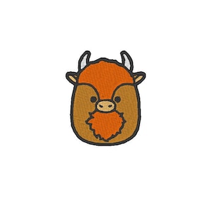 Op de afbeelding: Geborduurde cartoonillustratie van een bruine en oranje stier met een rode baard. De stier heeft een eenvoudig, cartoonachtig ontwerp met zwarte contouren.