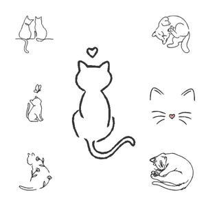 Op de afbeelding: Een set van negen zwart-witte lijntekeningen van katten in verschillende poses. De katten zijn afgebeeld in een eenvoudige, minimalistische stijl. Sommige katten zitten, sommige slapen en sommige kijken elkaar aan.
