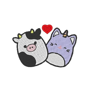 May include: A black and white cow and a purple cat with a yellow horn are cuddling. A red heart is above them.