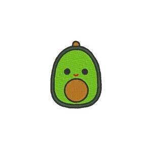 Könnte beinhalten: Eine grüne Avocado mit einem braunen Kern und einem lächelnden Gesicht. Die Avocado ist cartoonartig und hat einen kleinen braunen Stiel oben.