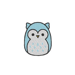 May include: A blue and gray cartoon owl with black eyes and a yellow beak. The owl has a light blue background and is surrounded by a white background.