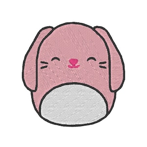 May include: A pink plush toy with floppy ears, a small pink nose, and a smiling face. The toy has a white belly and black outlines.