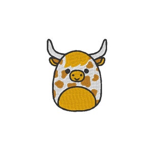 May include: A cartoon illustration of a brown and white cow with a yellow face and horns. The cow is smiling and has a fluffy yellow mane.