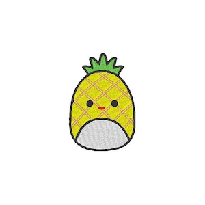 Op de afbeelding: Een gele ananas met een groene, bladerige kroon en een glimlachend gezicht. De ananas is een cartoonillustratie met een eenvoudig ontwerp.