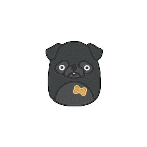 May include: Black pug dog with a bone-shaped bow tie. The pug has a pink nose and white eyes.