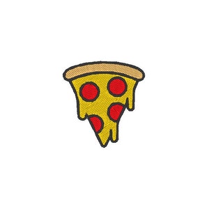 Op de afbeelding: Een cartoon-achtige pizzapunt met rode pepperoni en druipende kaas. De pizza is geel met een bruine korst.