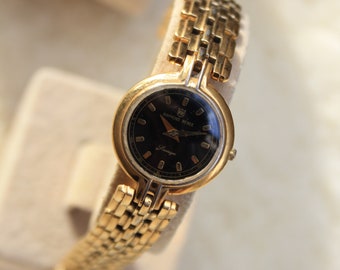 Raymond Renee Women Watch / Vintage swiss made women watch from 1980s / Gold watch / Minimalist women watch / Women watch with black dial
