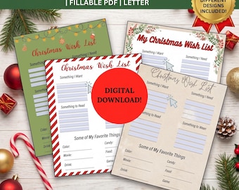 May include: A set of three printable Christmas wish list templates featuring fillable sections for gifts, favorite things, and holiday themes. The documents include text headers, lined spaces, and cursor icons, presented as a digital download.
