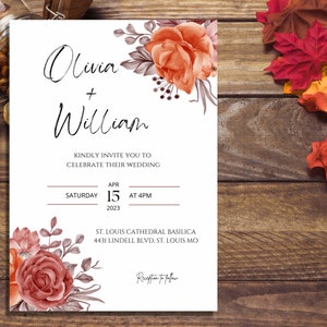 Olivia - Fall Floral Wedding Invitation Template, Fall Leaves, Autumn Invitation, Burnt Orange Invites, Boho Invitation, DIY Canva Printable