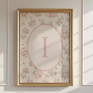Elegante impresión floral vintage con nombre, letra I, decoración infantil para niñas, póster personalizado estilo cottagecore con monograma inicial, descarga digital