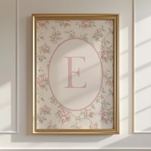 Elegante letra inicial vintage E, estampado floral de nombre, decoración de guardería para niñas, póster personalizado con monograma estilo cottagecore, descarga digital